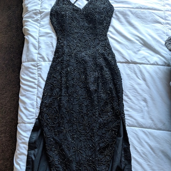 Vintage Silk Hand Beaded Black Dress Gown Wedding - Picture 4 of 8